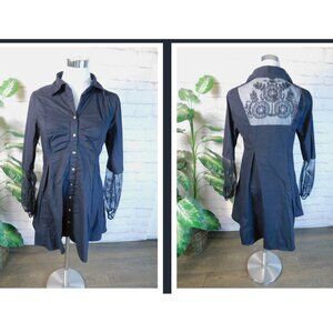 Midnight Velvet Black Button-Down Long Tunic Shirt With Lace Sleeves & Back Size